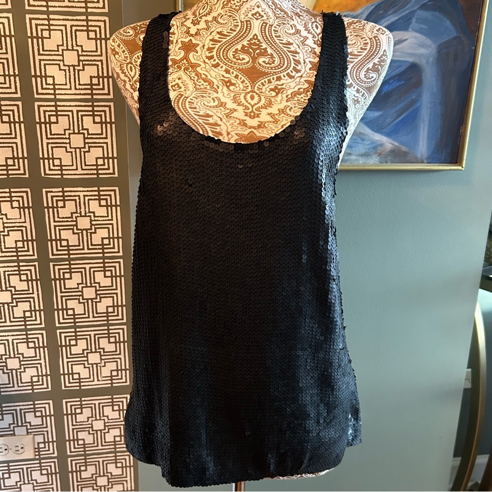 Theory 100% silk matte black sequins tank top